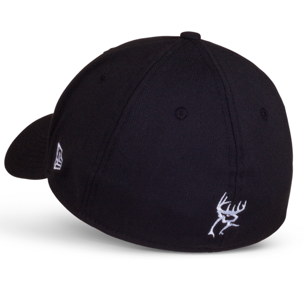 Black fitted cap with E3 logo embroidered in white on the front and white buck head logo embroidered on the back.