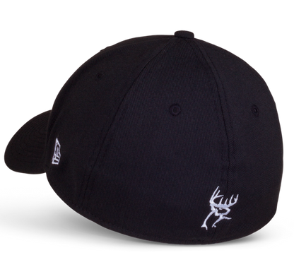 Black fitted cap with E3 logo embroidered in white on the front and white buck head logo embroidered on the back.